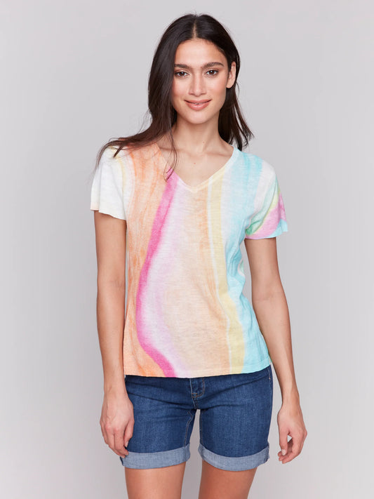 Short Sleeve Crew Neck Printed Sweater - Rainbow - BAY WINDOW