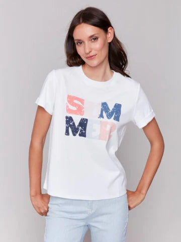 Short Rolled Cuff Sleeve Crew Neck Printed TShirt - White - BAY WINDOW