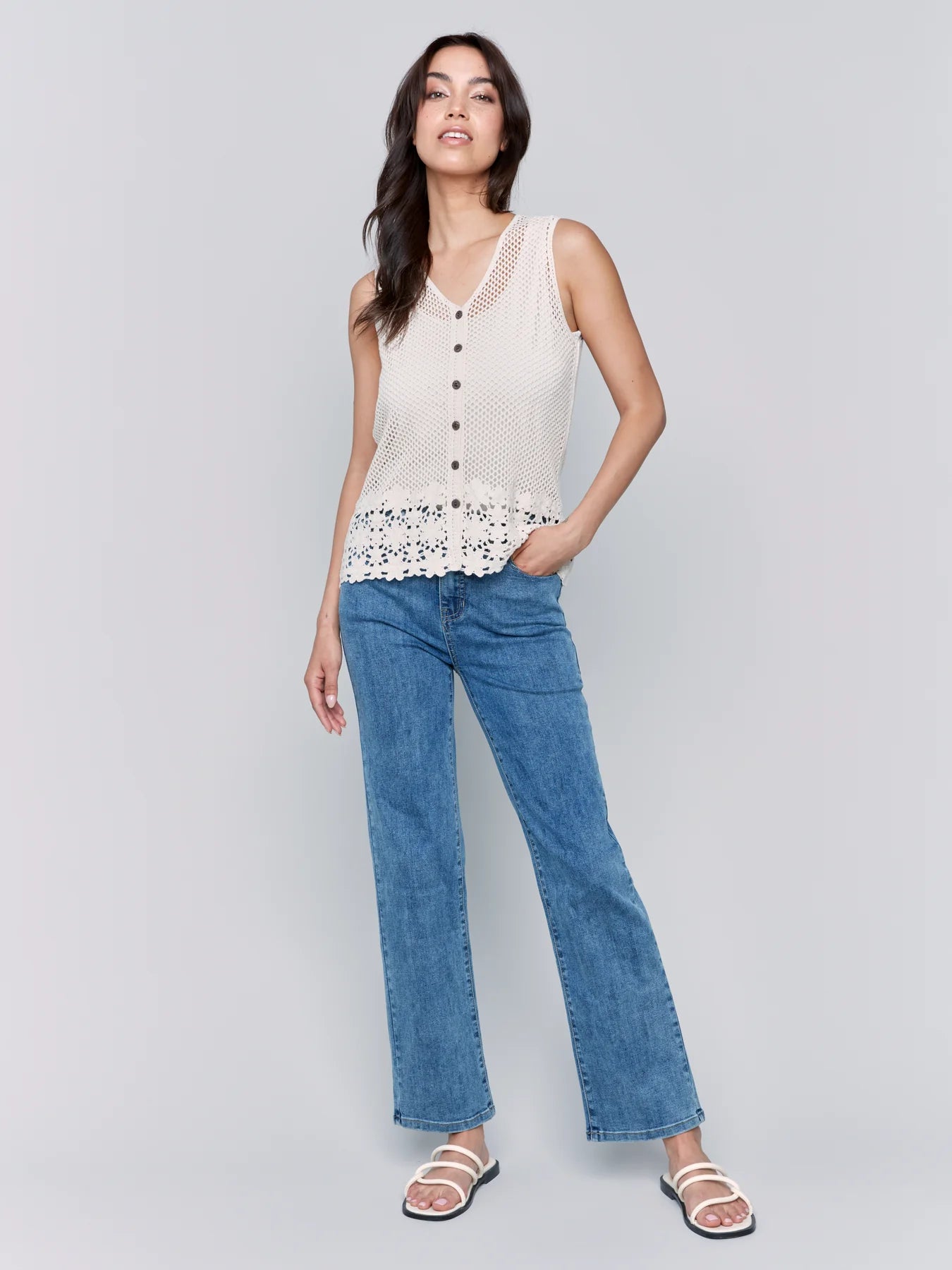 Button Front Crochet Vest - Natural - BAY WINDOW