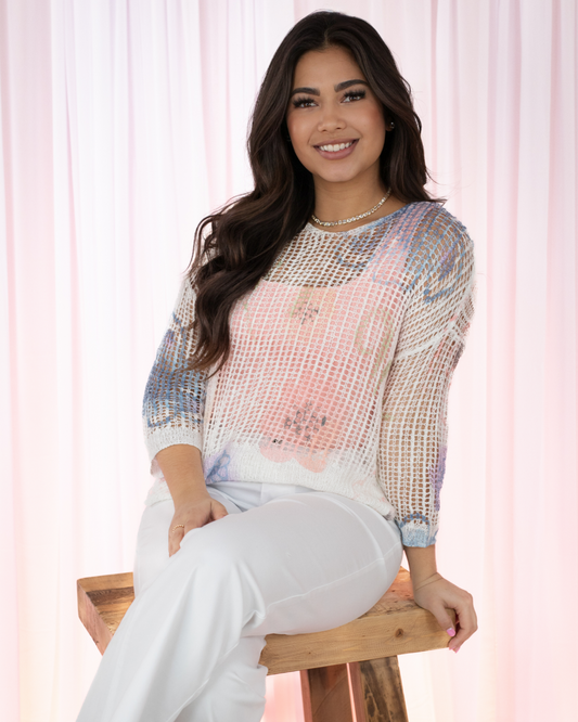 3/4 Sleeve V-Neck Printed Fishnet Sweater with Hi-Low Hem - Watercolor - BAY WINDOW