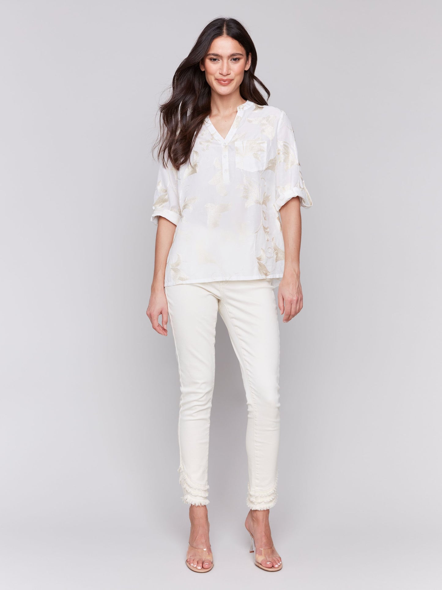 Embroidered Roll Up 3/4 Sleeve Popover Blouse - Gold - BAY WINDOW