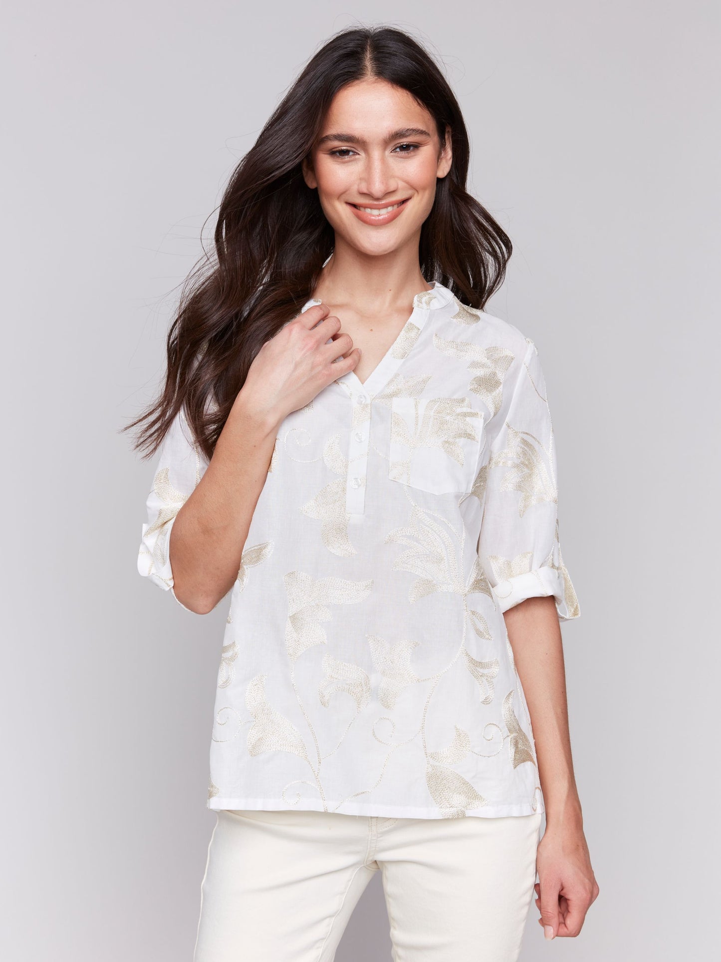 Embroidered Roll Up 3/4 Sleeve Popover Blouse - Gold - BAY WINDOW