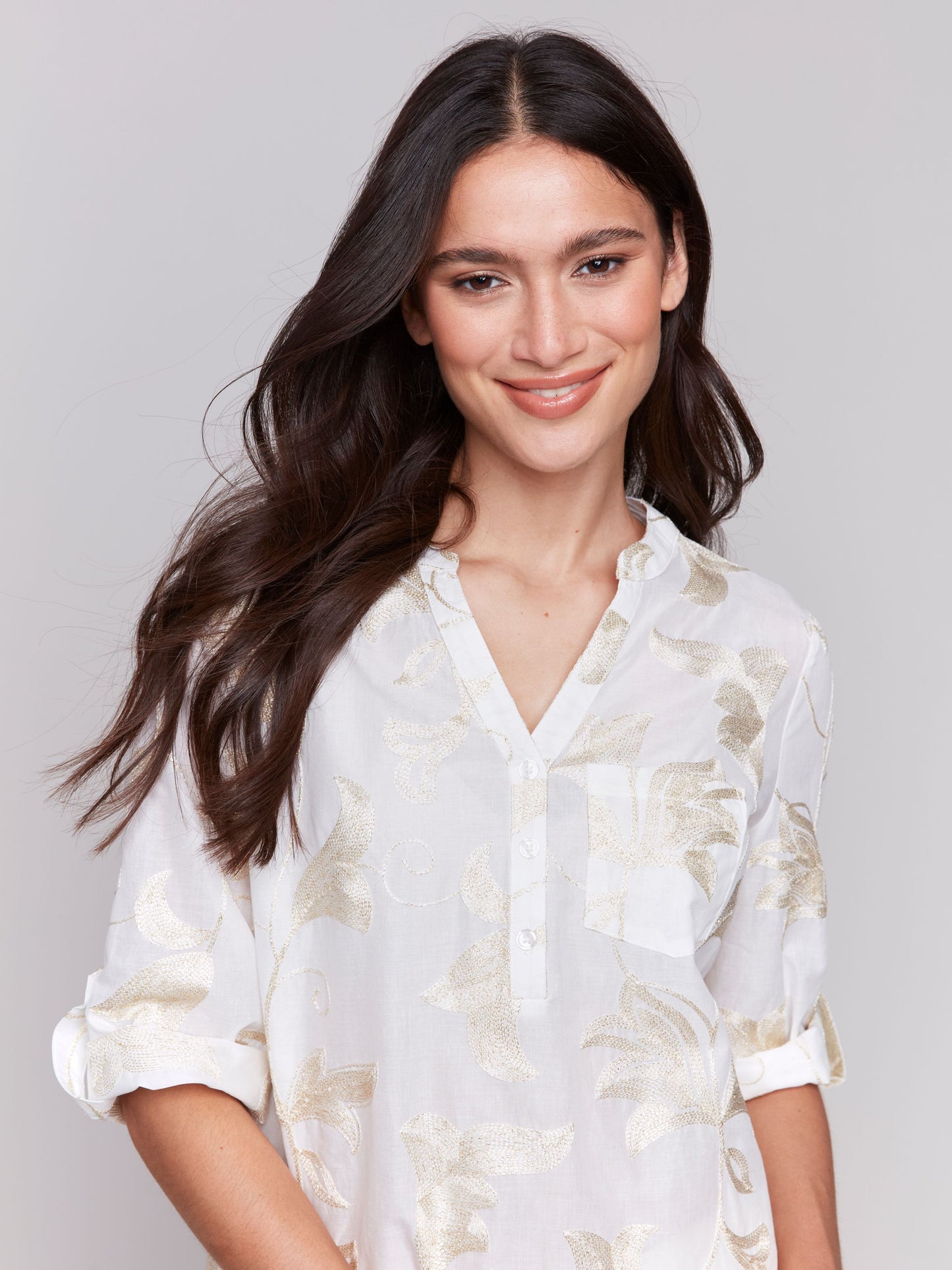 Embroidered Roll Up 3/4 Sleeve Popover Blouse - Gold - BAY WINDOW