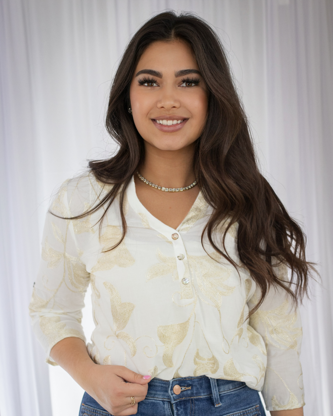 Embroidered Roll Up 3/4 Sleeve Popover Blouse - Gold - BAY WINDOW