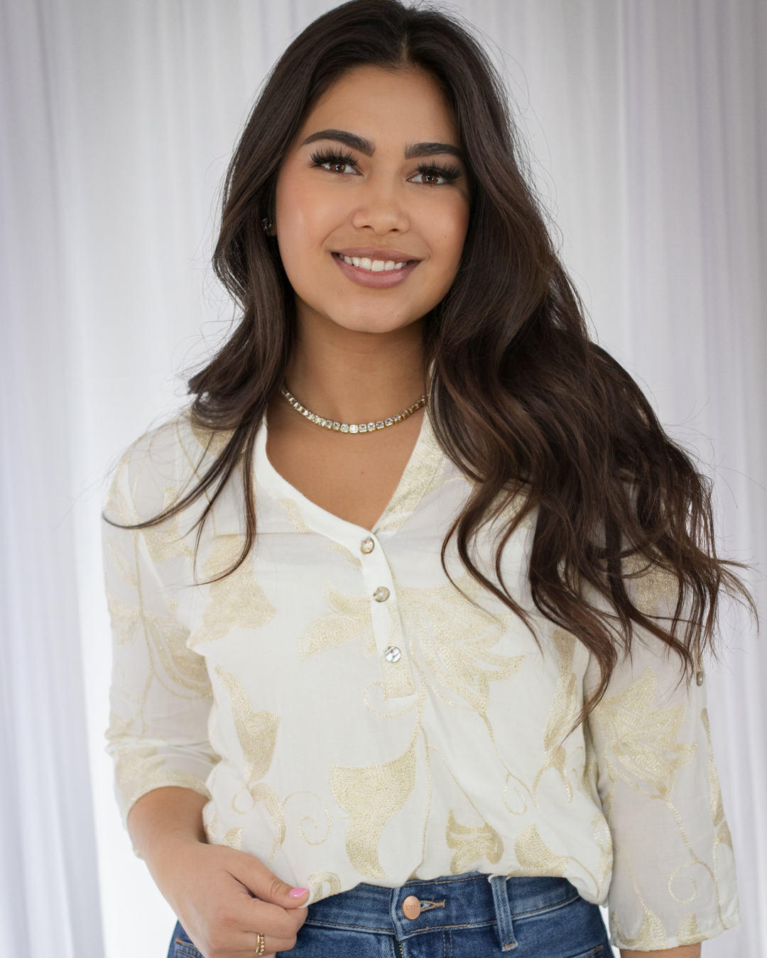 Embroidered Roll Up 3/4 Sleeve Popover Blouse - Gold - BAY WINDOW