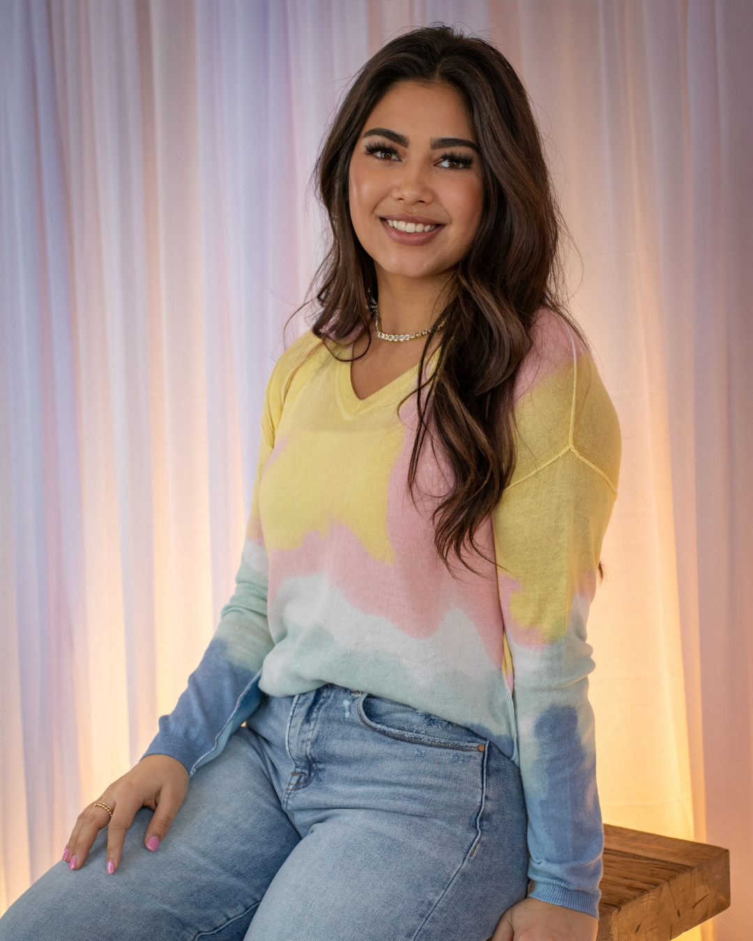 Printed Light Cotton V-Neck Sweater with Long Sleeves - Tye Dye - BAY WINDOW