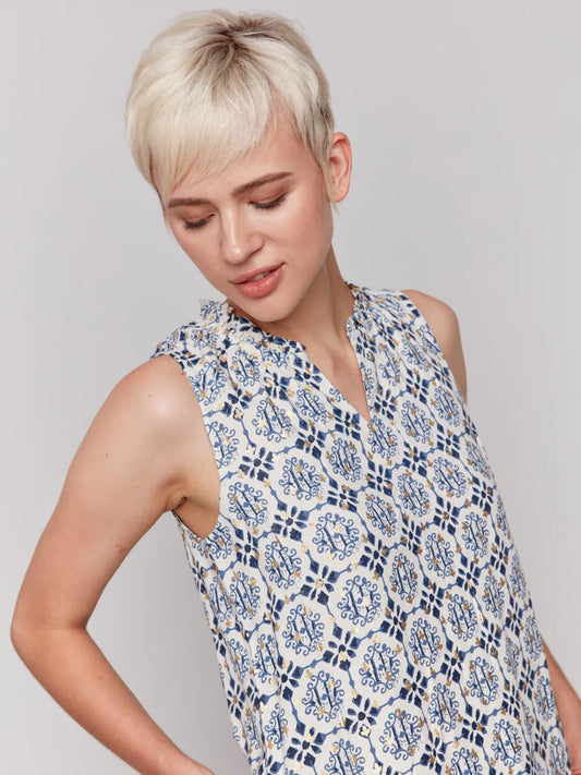 Printed Sleeveless Blouse with Ruffle Collar - Ornament - BAY WINDOW