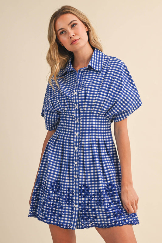 IDA1132-B GINGHAM SCALLOPED EMBROIDERED BUTTON DOWN SHIRT DR