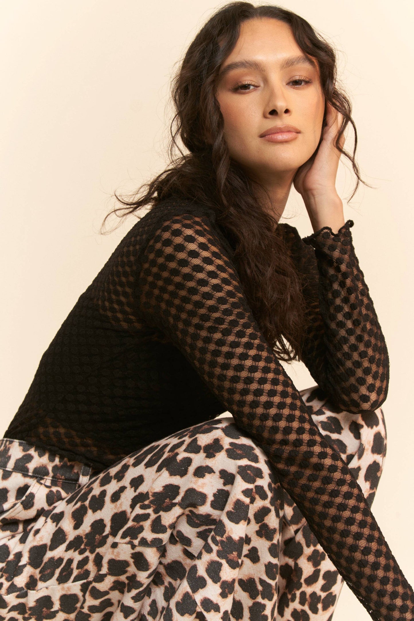 Long Sleeve Dot Crispin Lace Layering Mesh Top - BAY WINDOW