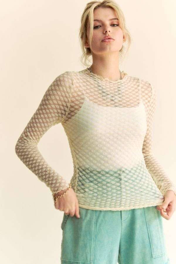 Long Sleeve Dot Crispin Lace Layering Mesh Top - BAY WINDOW
