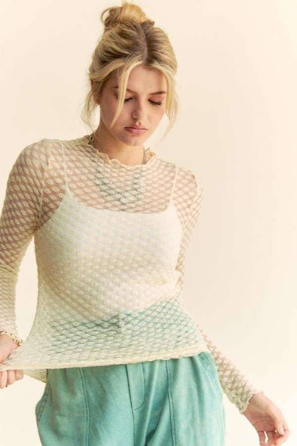 Long Sleeve Dot Crispin Lace Layering Mesh Top - BAY WINDOW