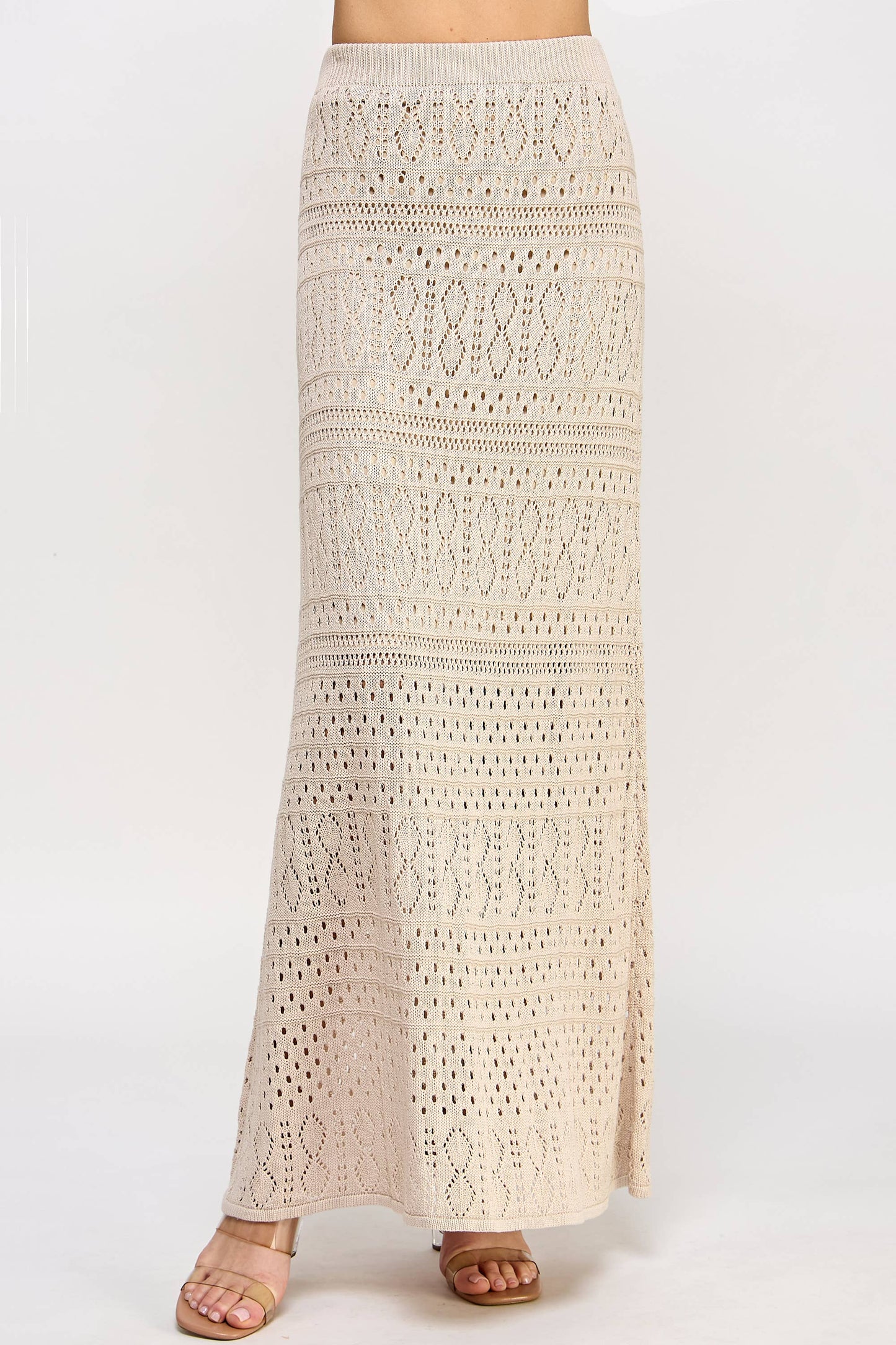 TS-10044-6 Knit Crochet Skirt Taupe - BAY WINDOW