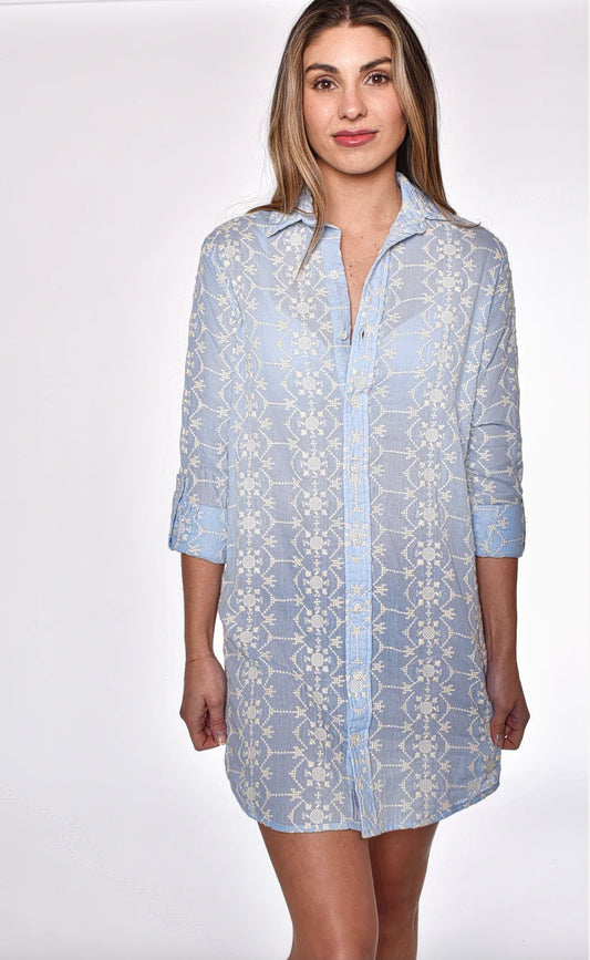 Blue Cream Embroidery Mini Dress - BAY WINDOW