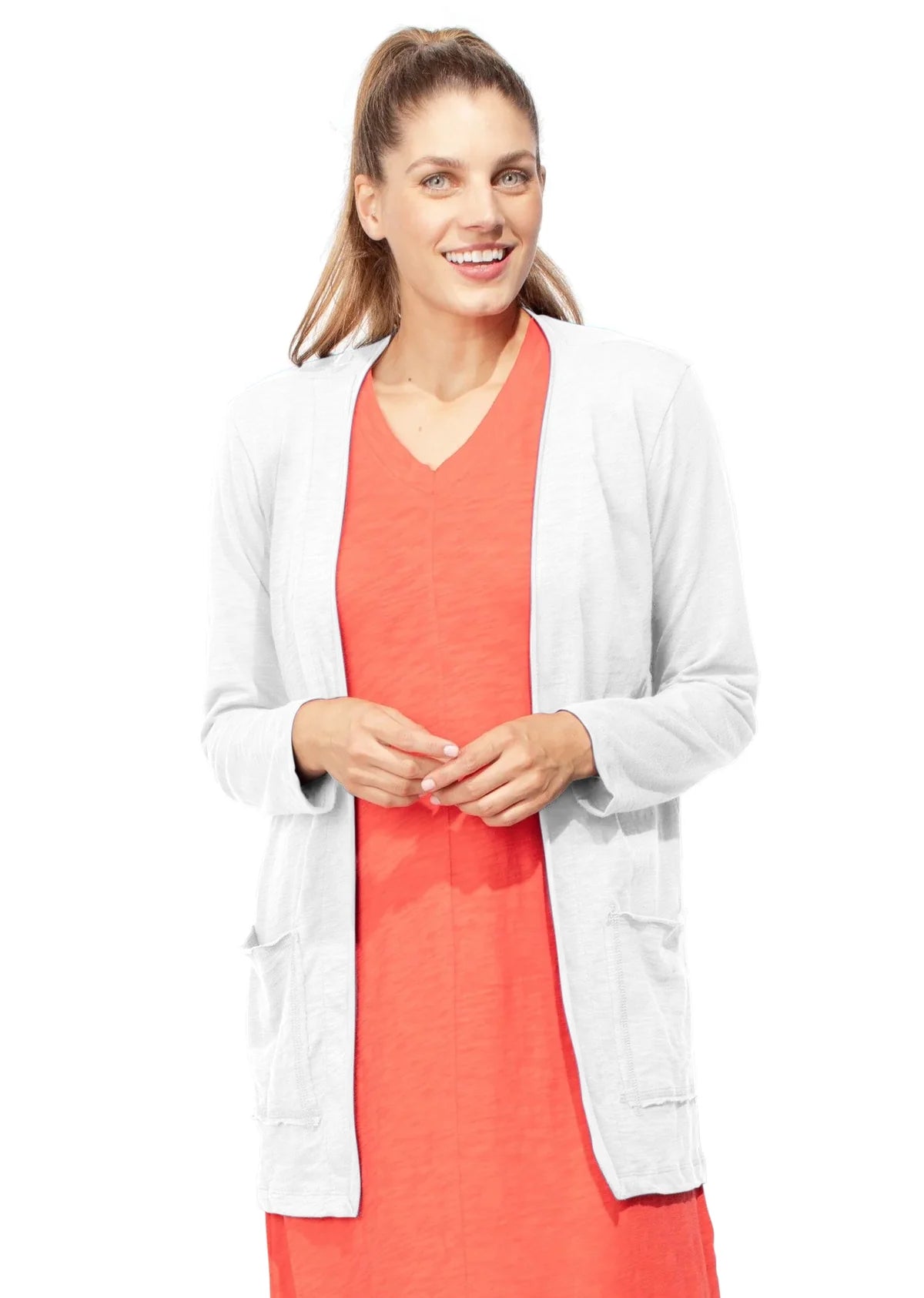 Cotton Slub Open Front Cardigan - White - BAY WINDOW