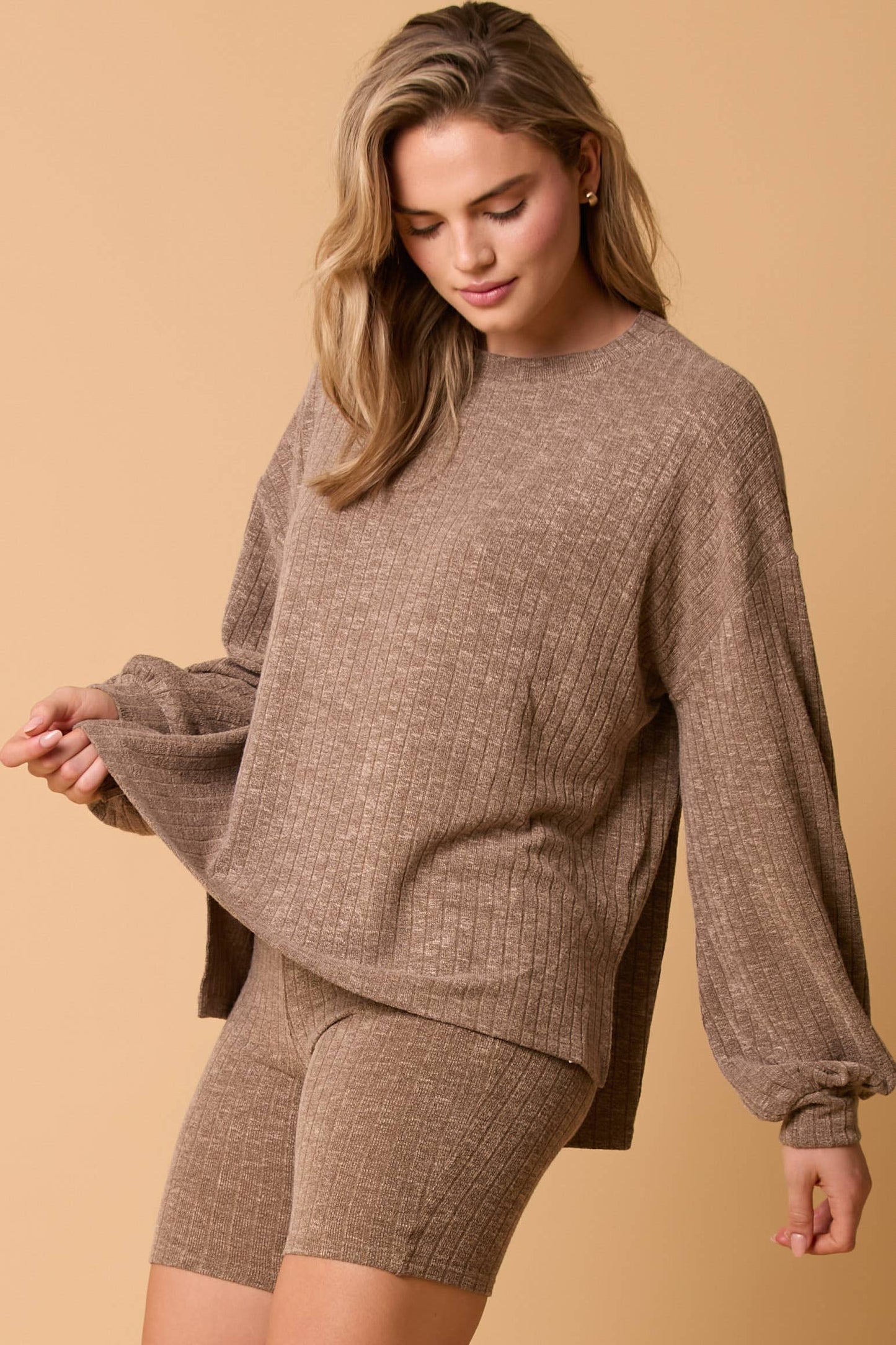 Rib Knit Loose Fit Ballon Sleeve Top - BAY WINDOW