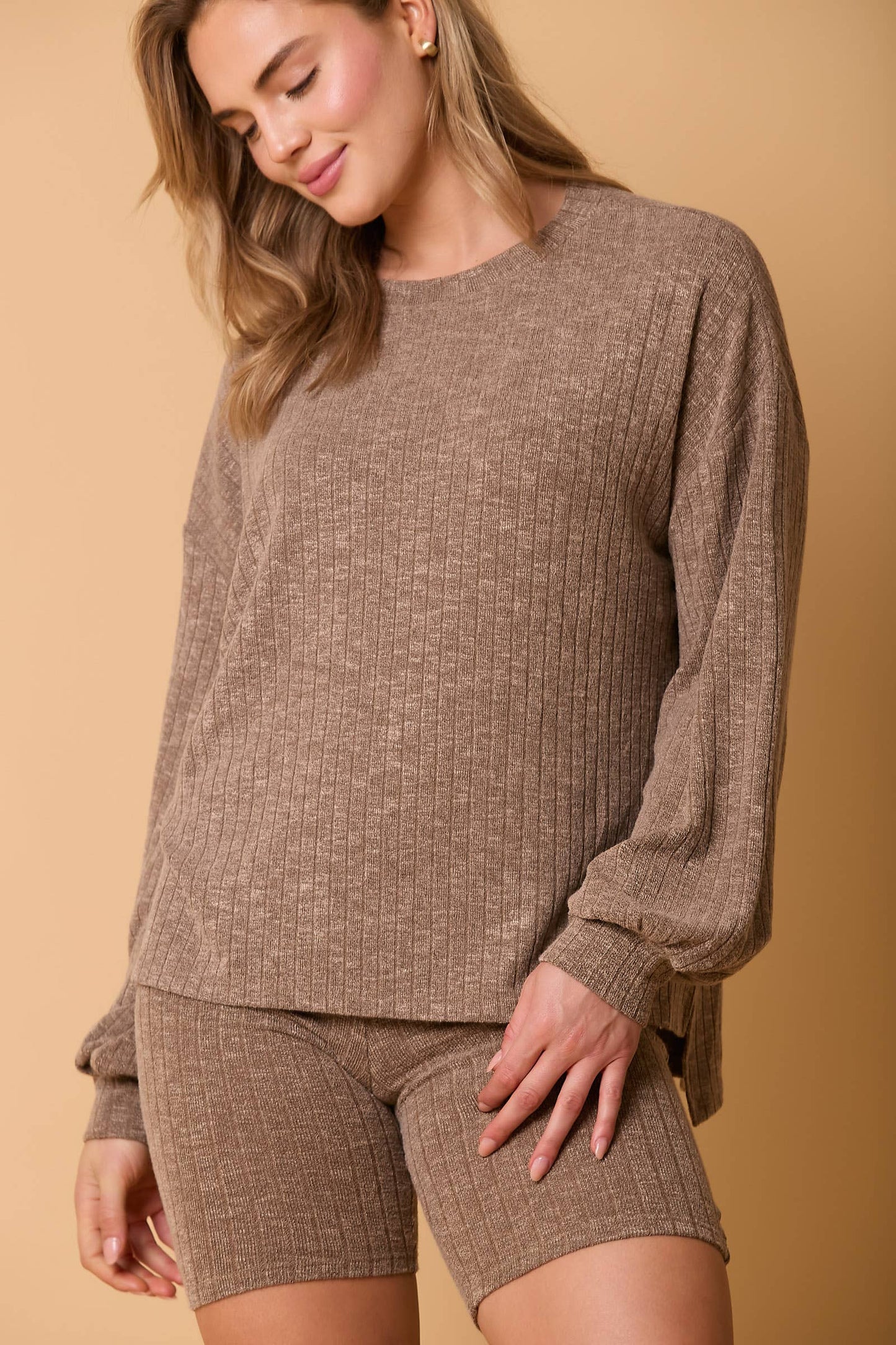 Rib Knit Loose Fit Ballon Sleeve Top - BAY WINDOW