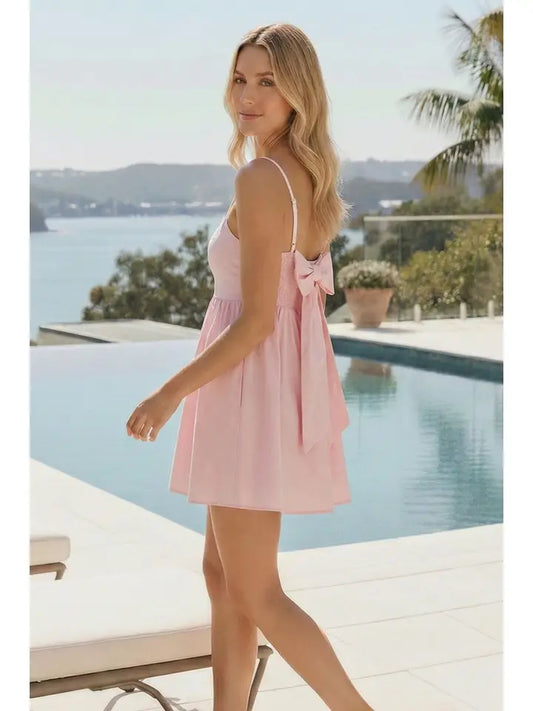 Back Bow V Neck Cami Flare Mini Dress - Baby Pink