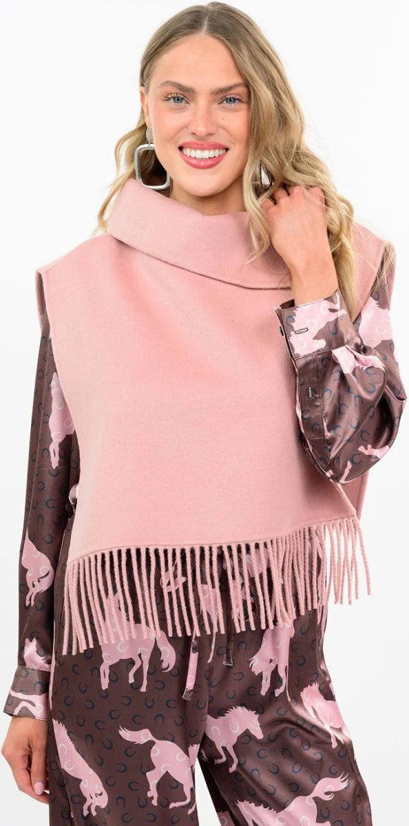 Fringe Poncho w/ Collar - Blush
