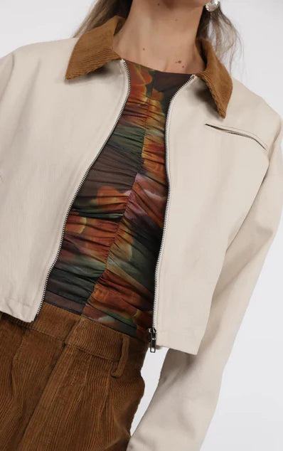 So Fine Corduroy Collar Crop Barn Jacket - Ivory/Brown - BAY WINDOW