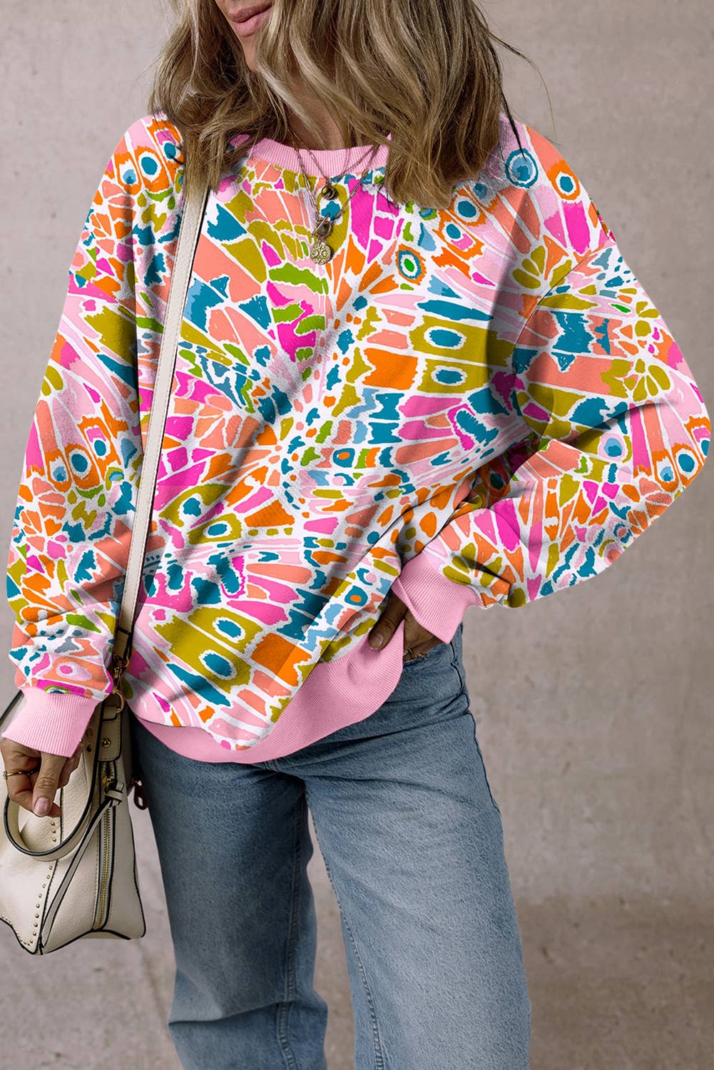 Loose Drop Shoulder Abstract Printed Sweatshirt - BAY WINDOW