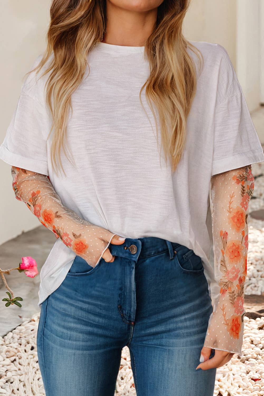 Floral Embroidered Mesh Patchwork Sleeve Crewneck Top - BAY WINDOW
