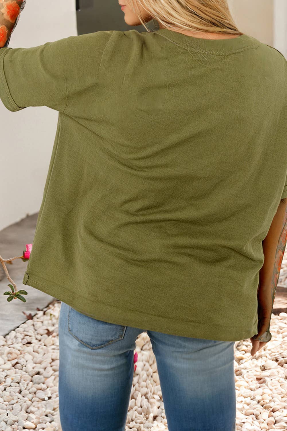 Floral Embroidered Mesh Patchwork Sleeve Crewneck Top - BAY WINDOW