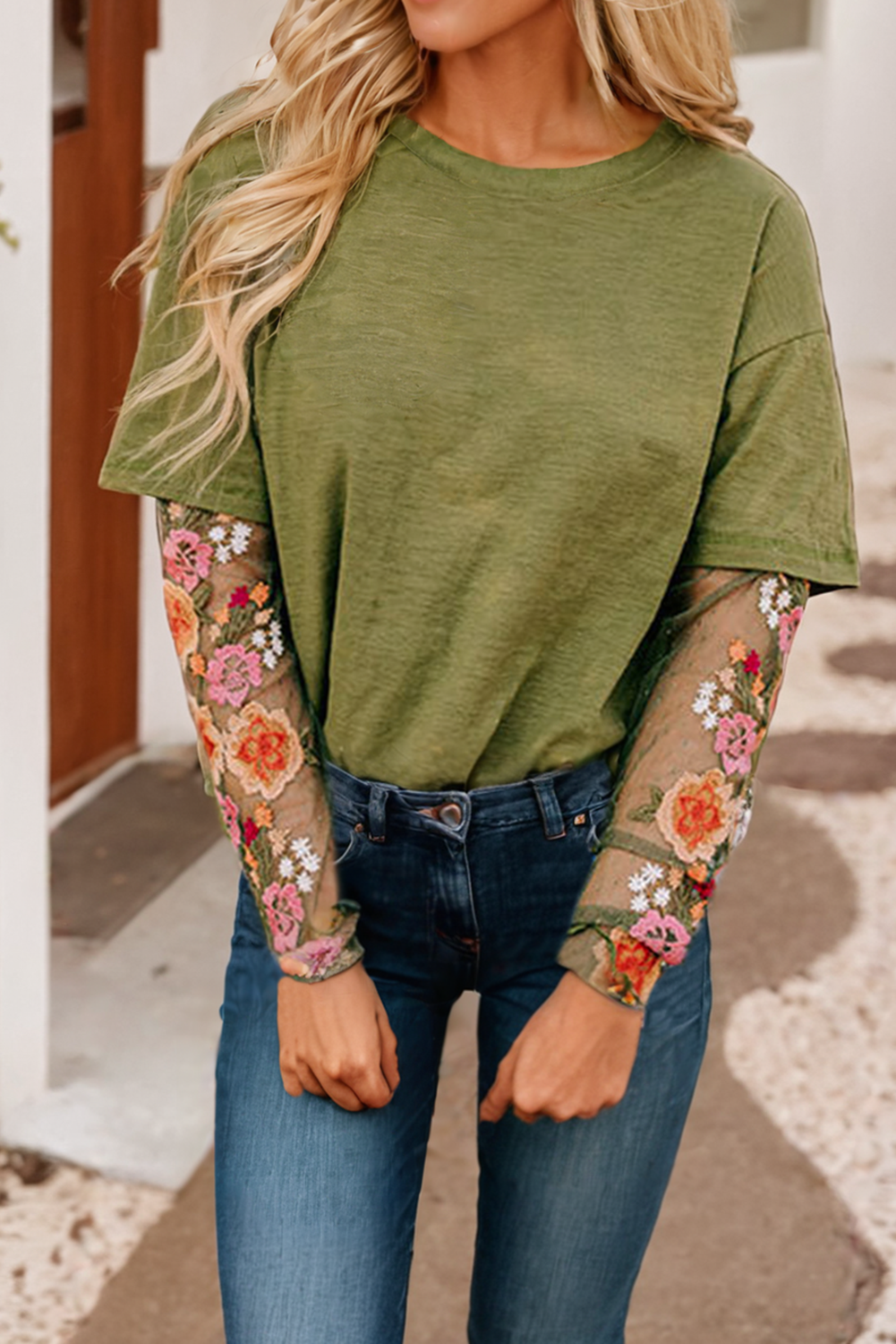 Floral Embroidered Mesh Patchwork Sleeve Crewneck Top - BAY WINDOW