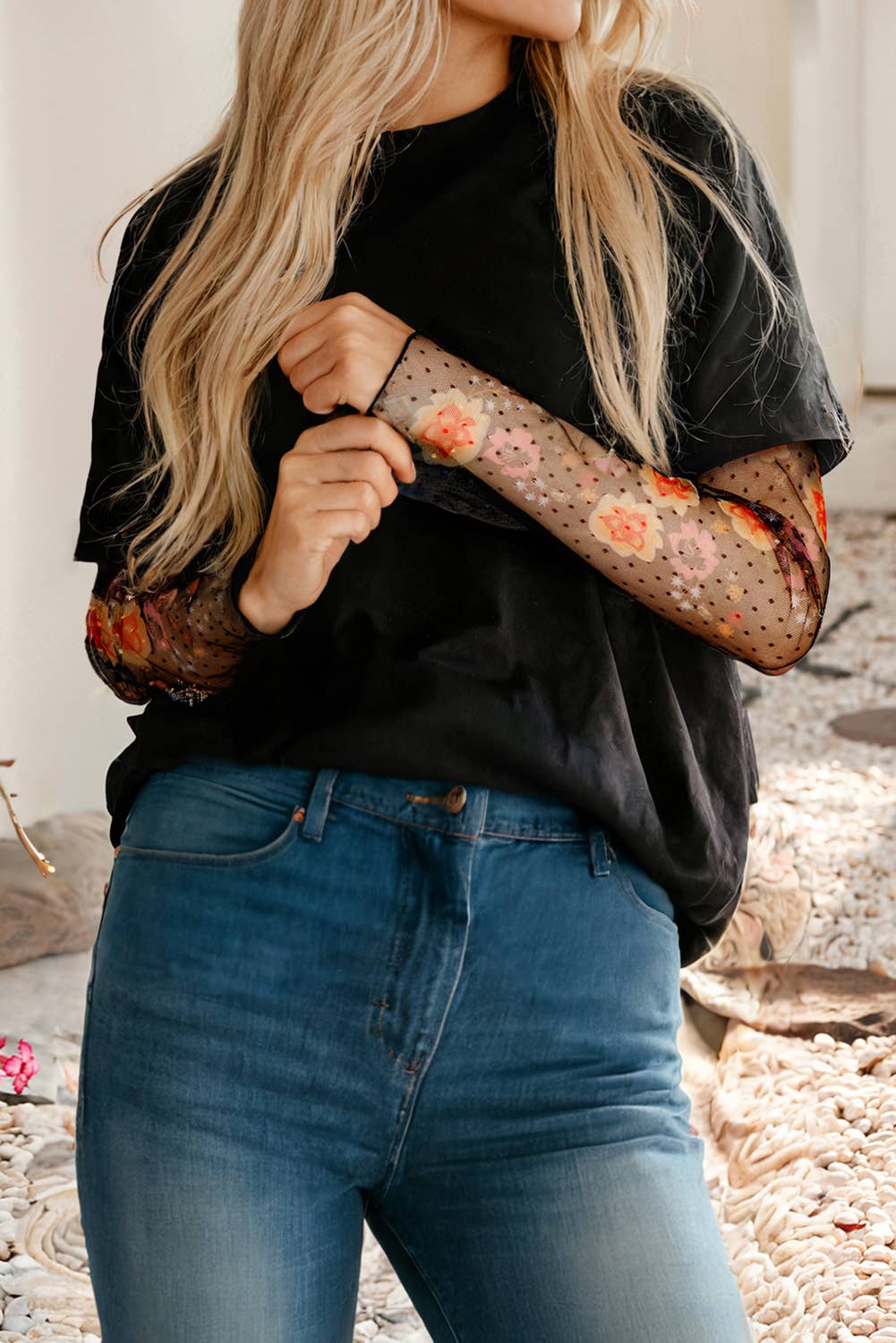 Floral Embroidered Mesh Patchwork Sleeve Crewneck Top - BAY WINDOW