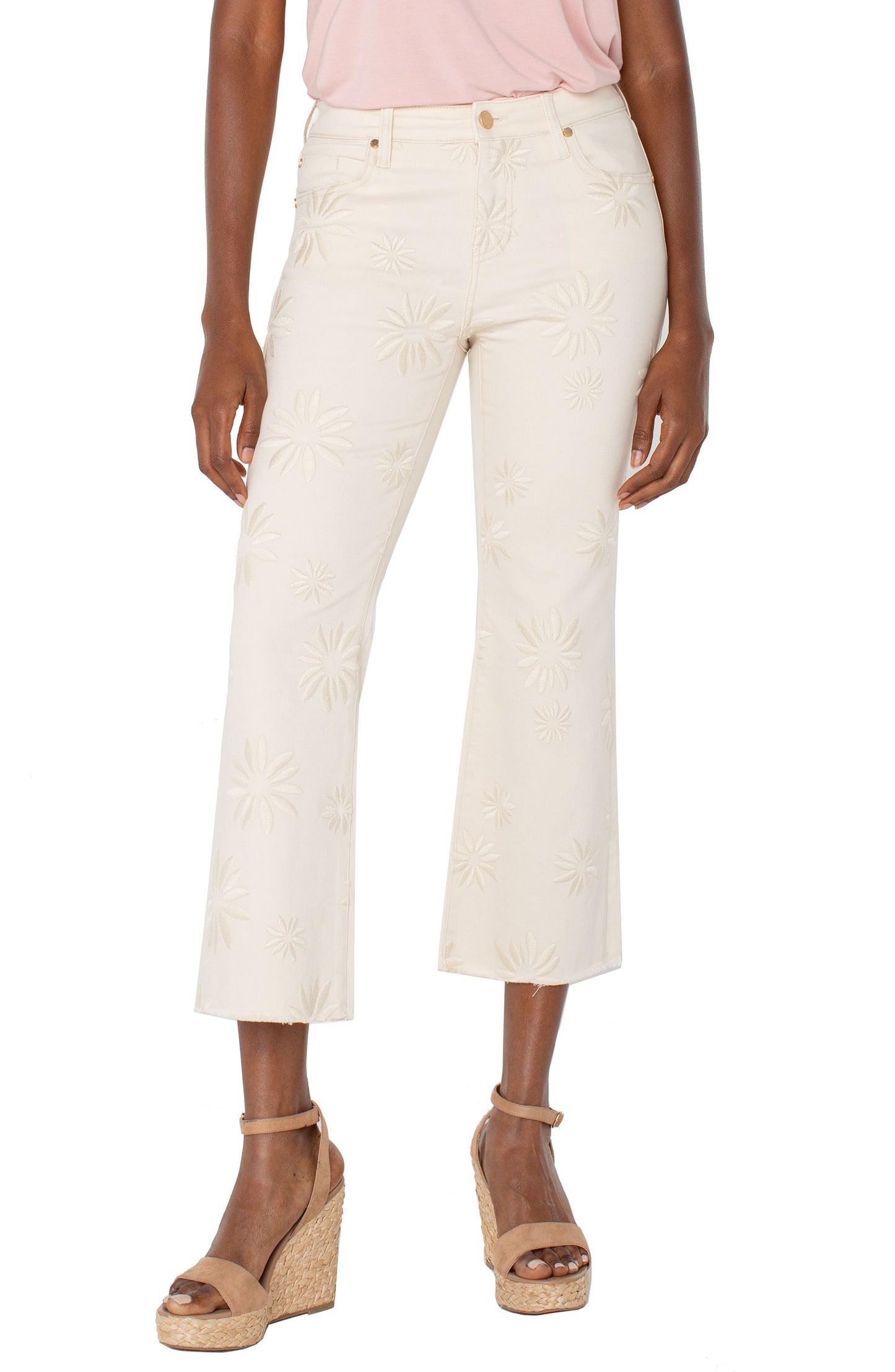 Hannah Crop Flare w/ Fray Hem - Ecru Abstract Flower - BAY WINDOW