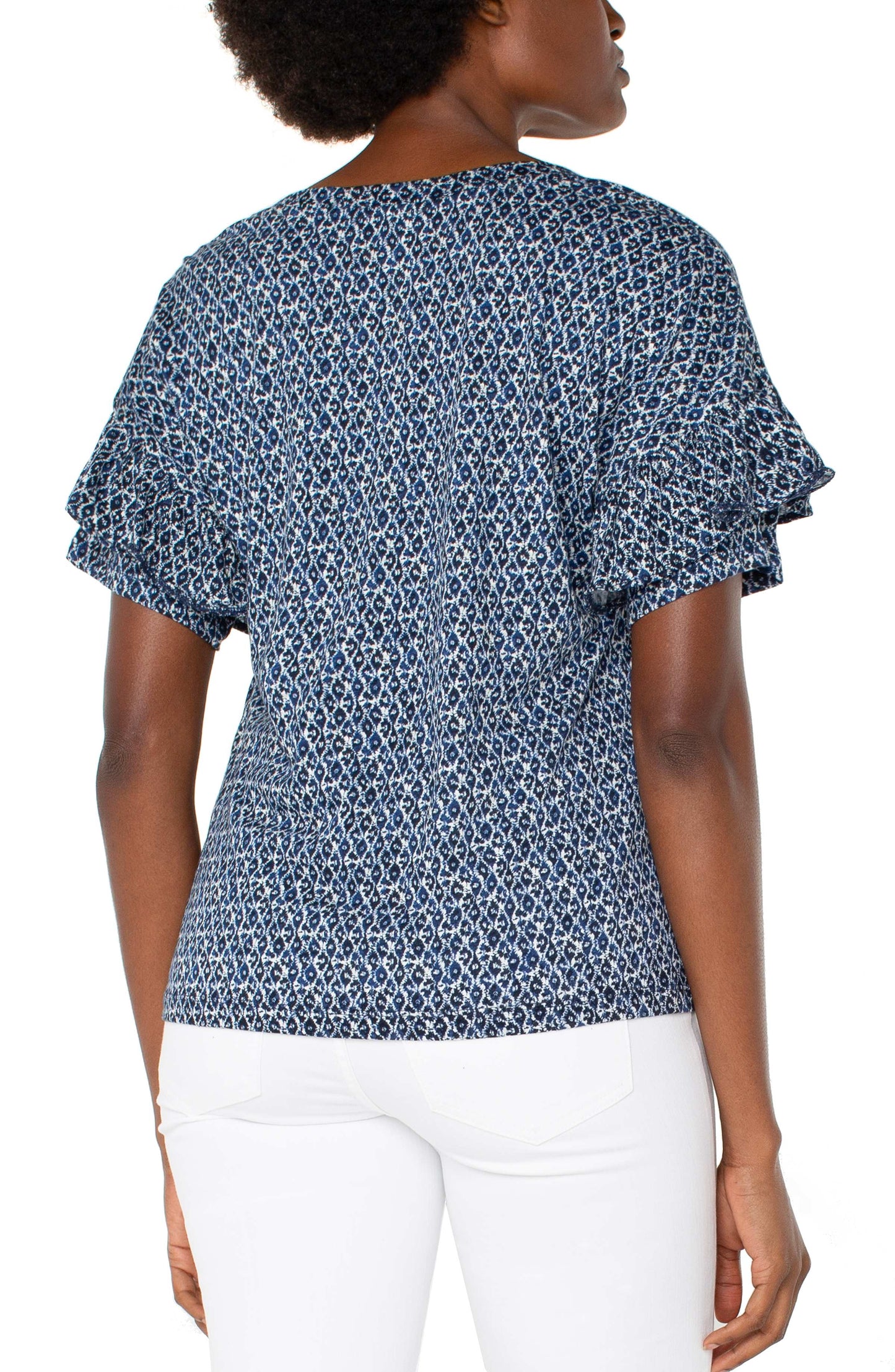 1/2 Sleeve Drop Shoulder Knit Top w/ Ruffle - Navy/Cream - BAY WINDOW
