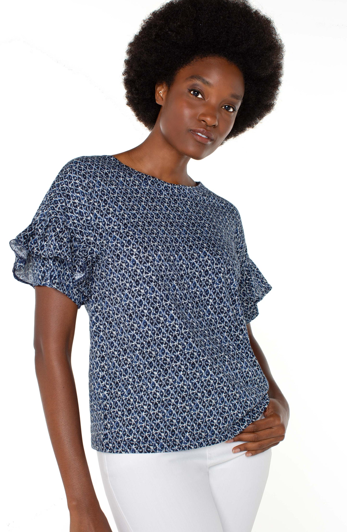 1/2 Sleeve Drop Shoulder Knit Top w/ Ruffle - Navy/Cream - BAY WINDOW