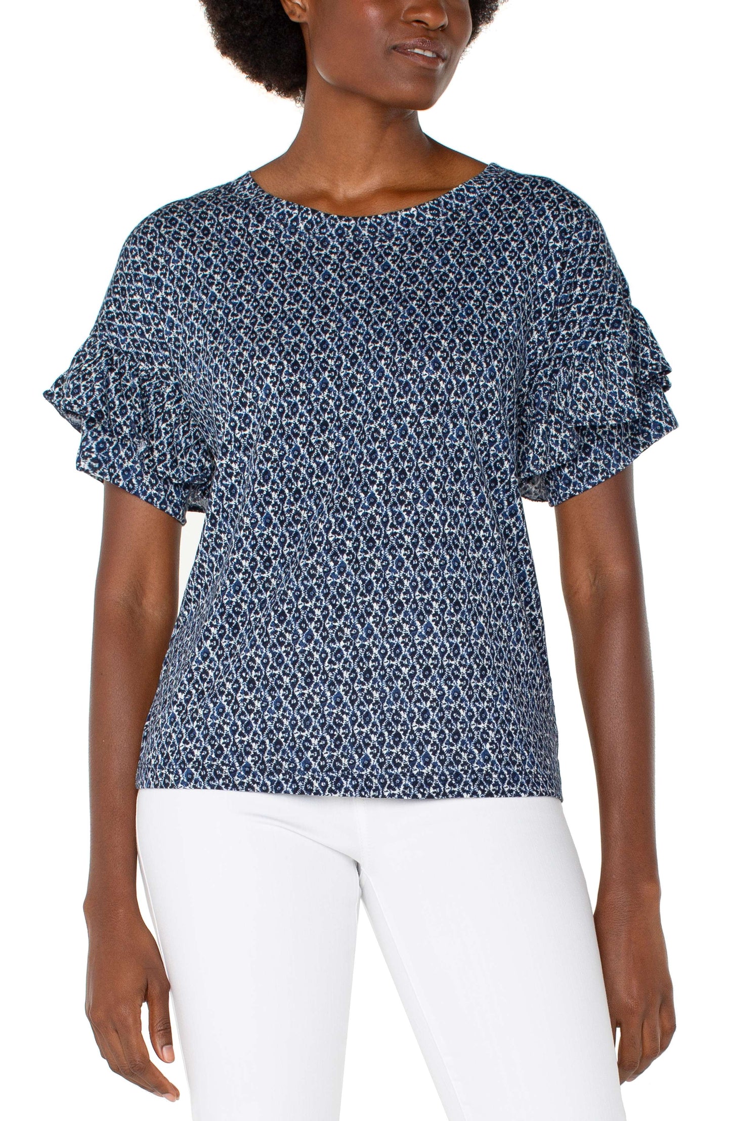 1/2 Sleeve Drop Shoulder Knit Top w/ Ruffle - Navy/Cream - BAY WINDOW