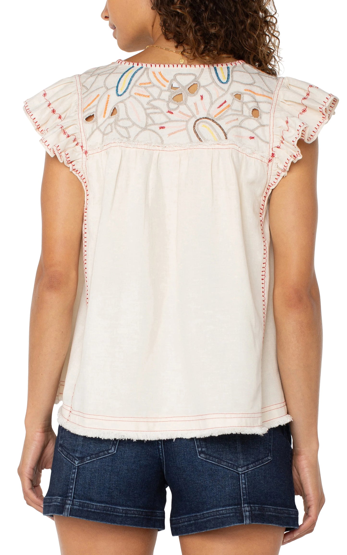 Flutter Sleeve V Neck Woven Blouse w/ Embroidery - Bone - BAY WINDOW