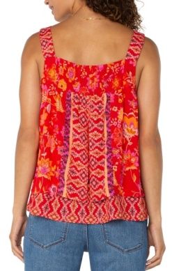Sleeveless V Neck Woven Tank w/ Smocking - Red Orange Floral - BAY WINDOW