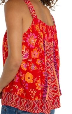 Sleeveless V Neck Woven Tank w/ Smocking - Red Orange Floral - BAY WINDOW
