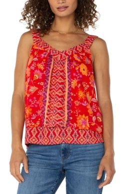 Sleeveless V Neck Woven Tank w/ Smocking - Red Orange Floral - BAY WINDOW