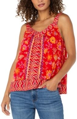 Sleeveless V Neck Woven Tank w/ Smocking - Red Orange Floral - BAY WINDOW