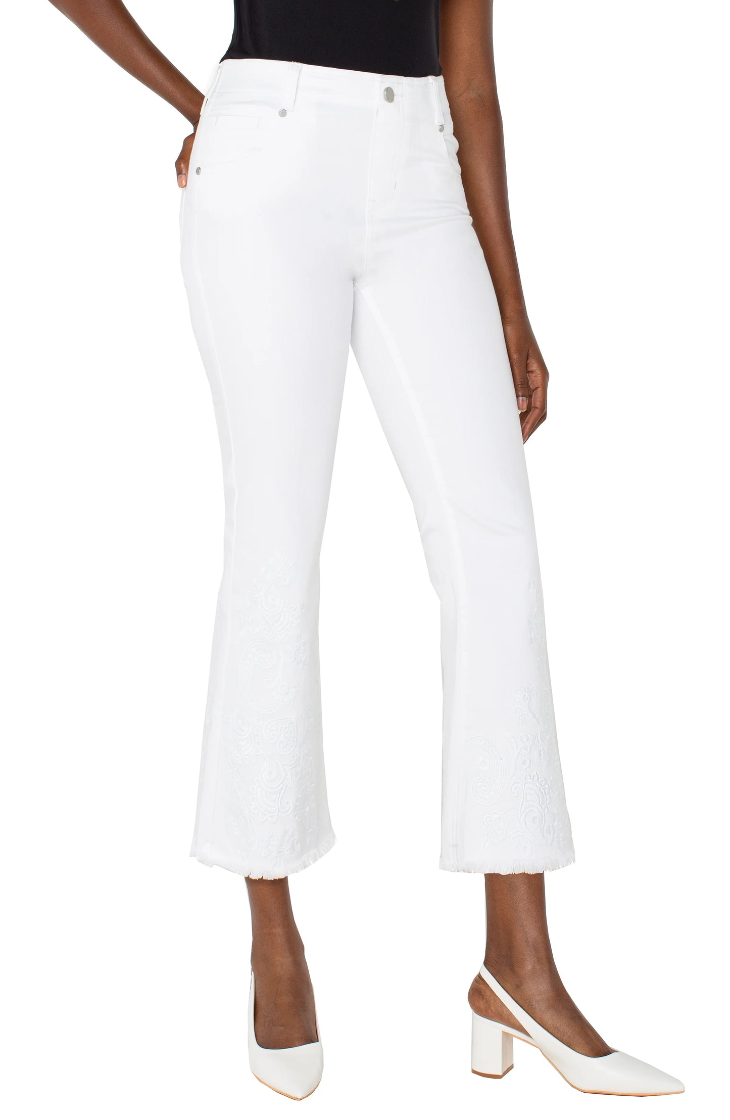 Gia Glider Crop Flare with Fray Hem 25.5" Inseam - Bright White Paisley - BAY WINDOW