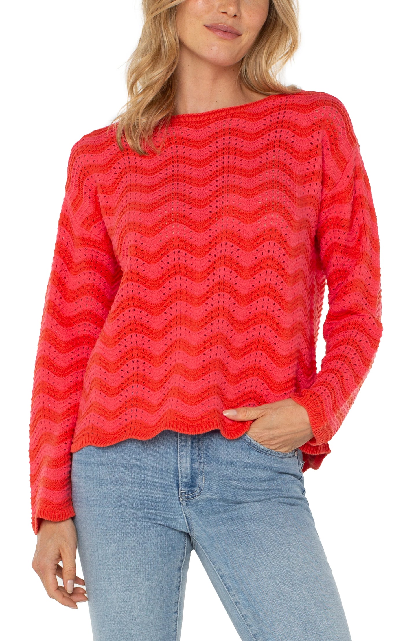 Long Sleeve Boat Neck Scallop Hem Sweater - Pink/Red Stripe - BAY WINDOW