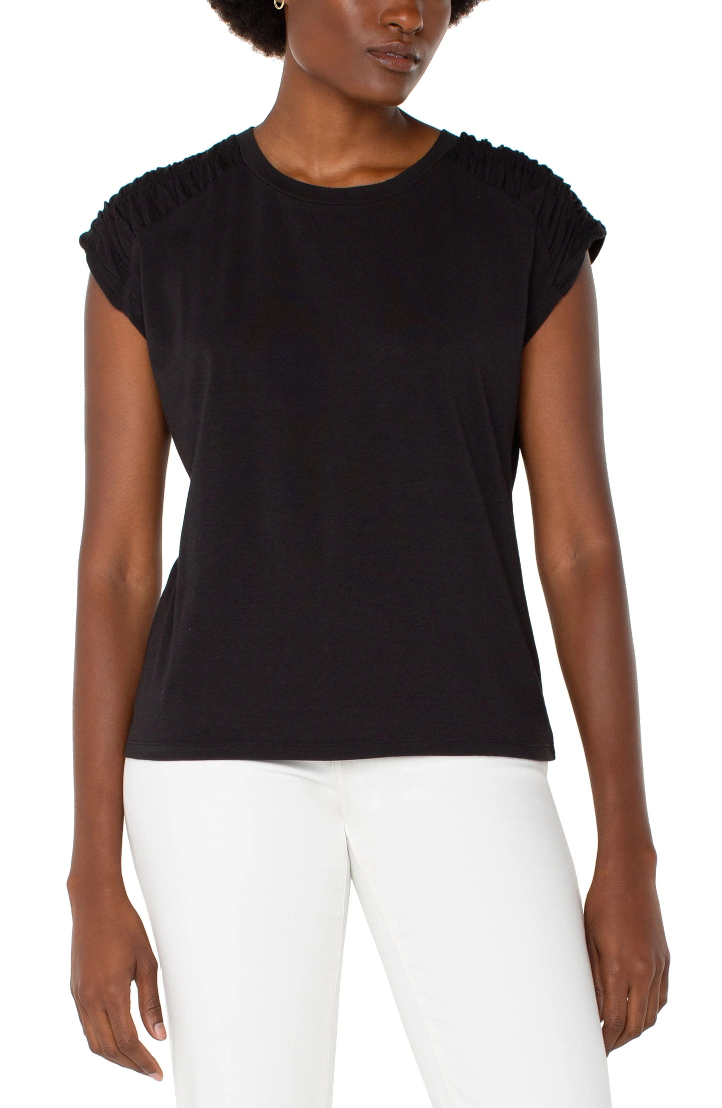 Smocked Shoulder Raglan Knit Top - Black - BAY WINDOW