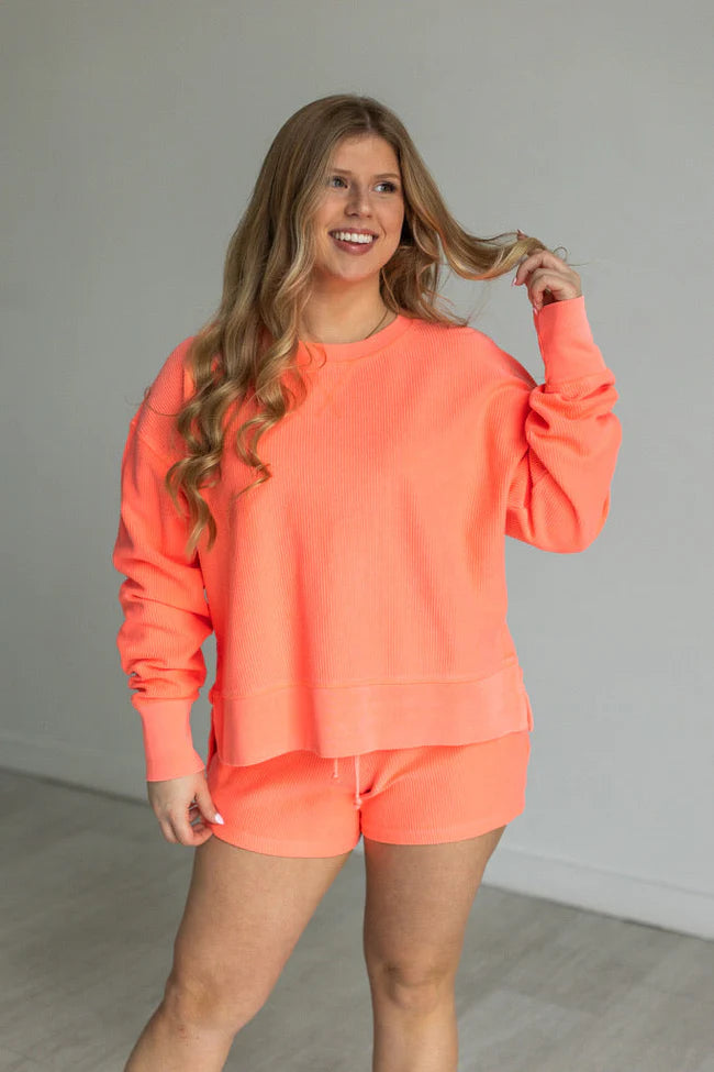 Neon Coral Corded Cropped Side Slit Crew - BAY WINDOW