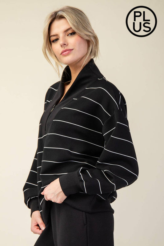 Plus Size Modal Poly Span Scuba Stripe V-Neck Jacket - BAY WINDOW