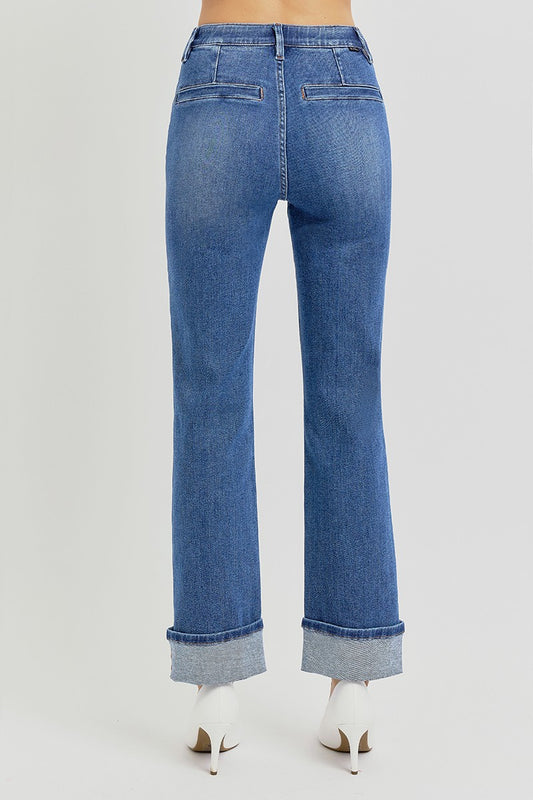 High Rise Elastic Band Ankle Slim Straight Jeans - Medium - BAY WINDOW