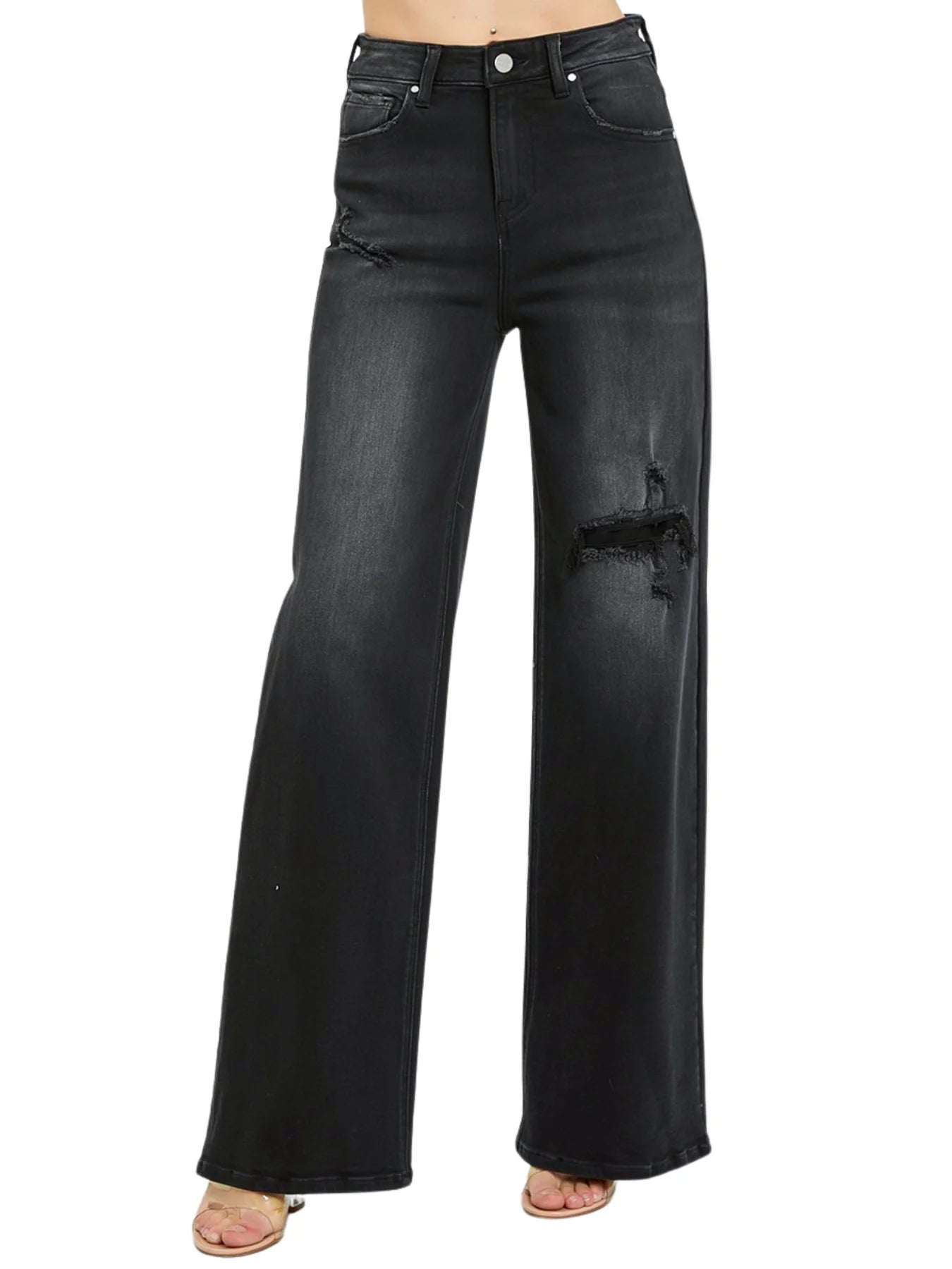 High Rise Distressed Detail Wide Leg Jeans - BAY WINDOW