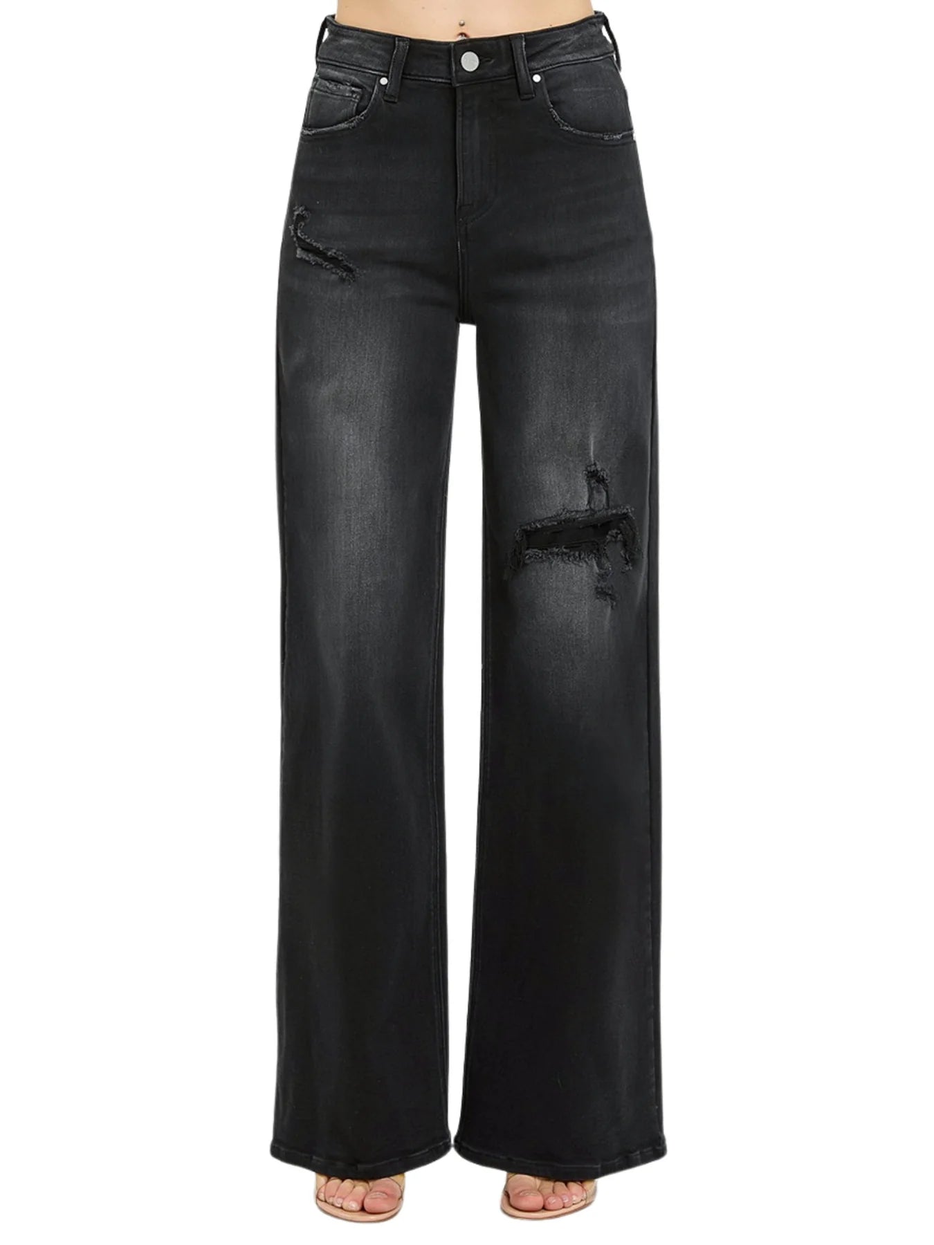 High Rise Distressed Detail Wide Leg Jeans - BAY WINDOW