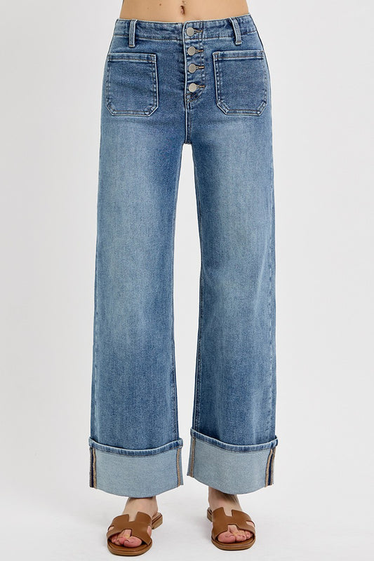 High Rise Ankle Wide Button Down Cuffed Jeans - Medium Wash - BAY WINDOW