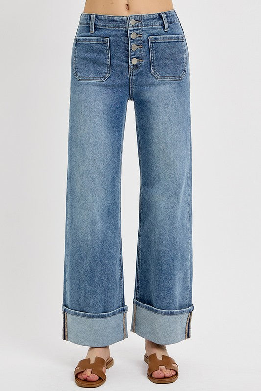 High Rise Ankle Wide Button Down Cuffed Jeans - Medium Wash - BAY WINDOW