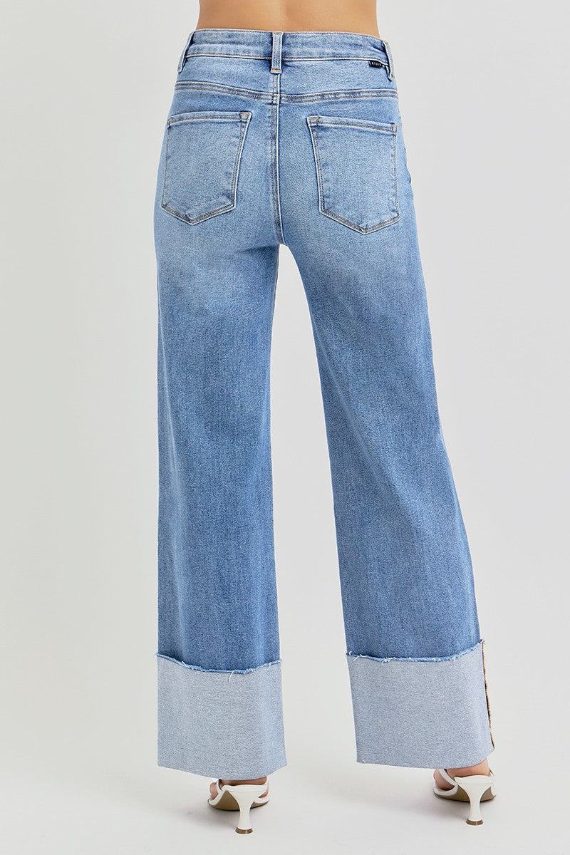 High Rise Ankle Wide Cuffed Jeans - Medium Wash - BAY WINDOW