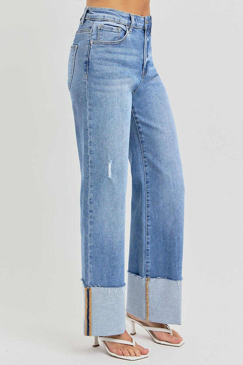 High Rise Ankle Wide Cuffed Jeans - Medium Wash - BAY WINDOW