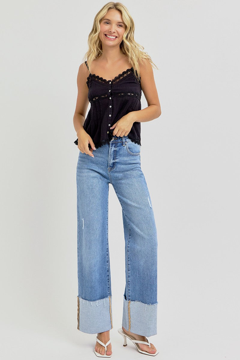 High Rise Ankle Wide Cuffed Jeans - Medium Wash - BAY WINDOW